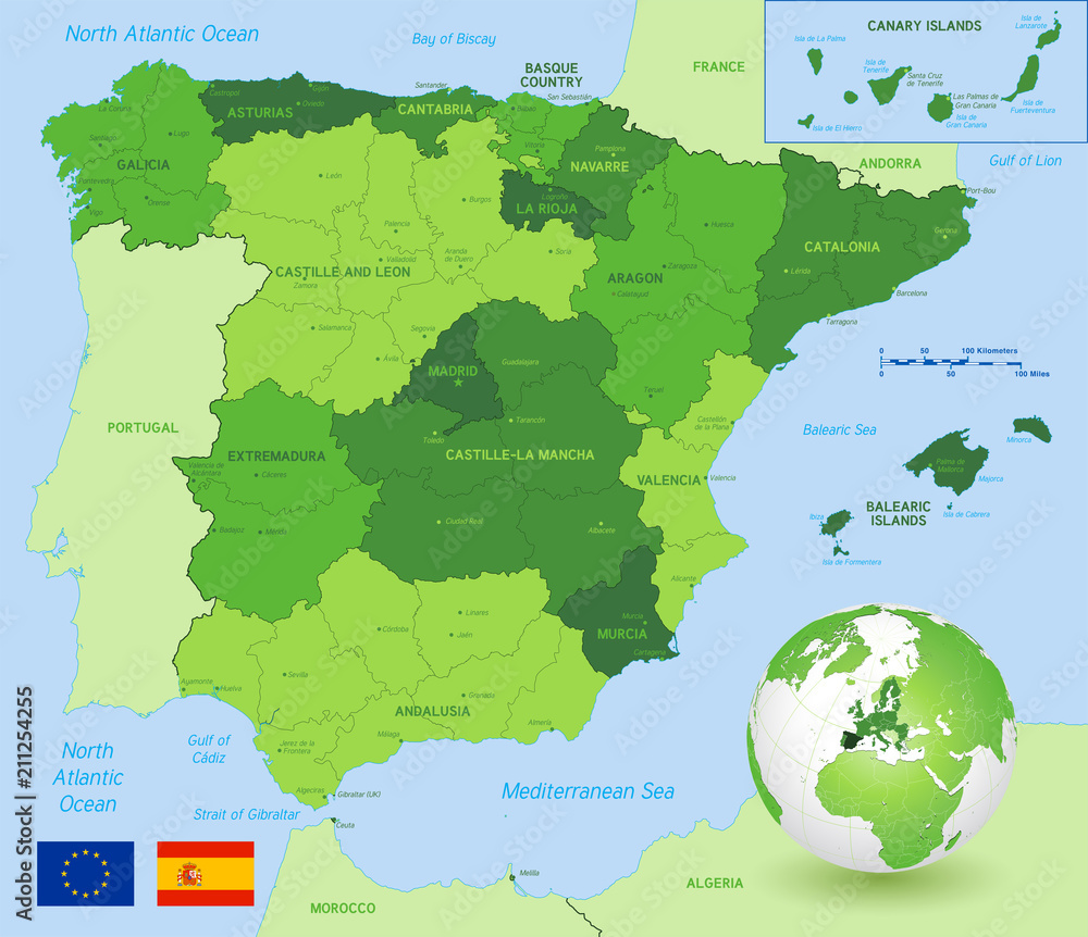 Vector Green Administrative Map of Spain Vector Green Administrative Map of Spain