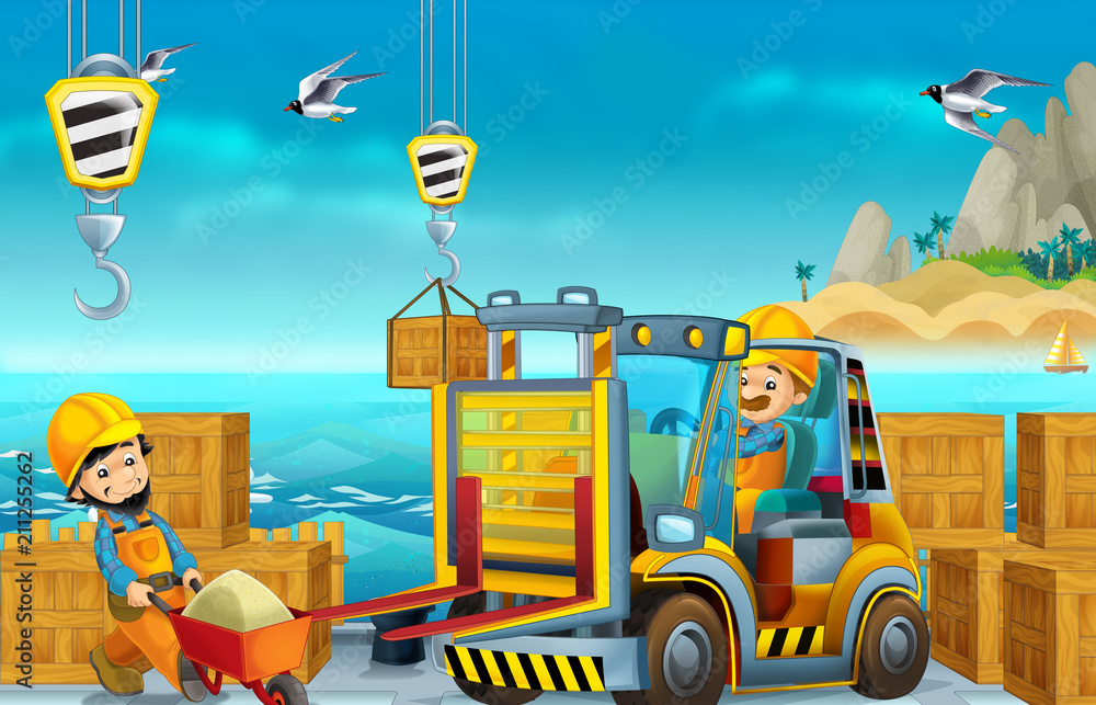 Naklejka premium Cartoon construction workers one in the forklift - on white background - illustration for children