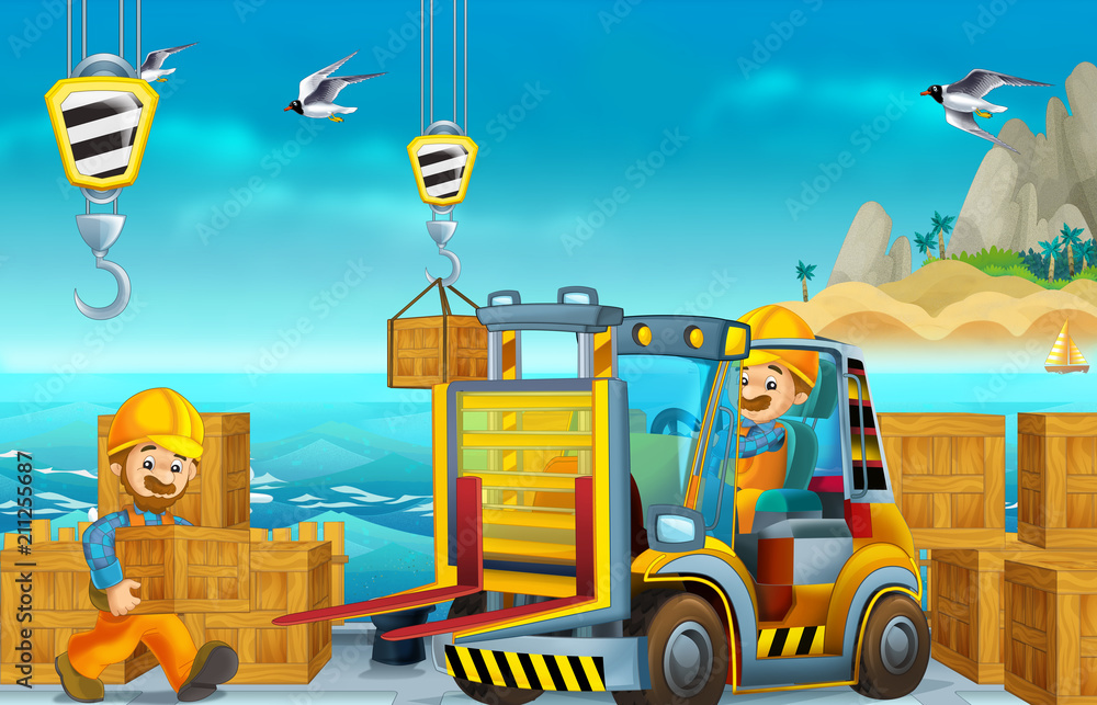 Naklejka premium Cartoon construction workers one in the forklift - on white background - illustration for children