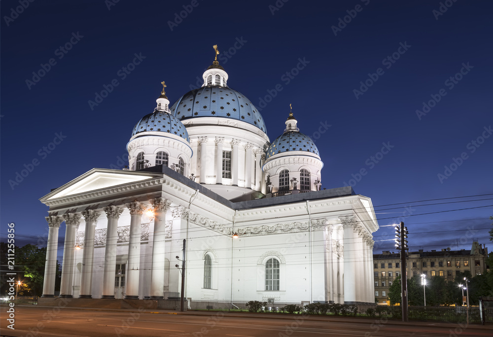 Cathedral of the Holy Life-Giving Trinity of the Life Guards of the Izmailovsky Regiment or Trinity cathedral at night. Saint-Petersburg. Russia