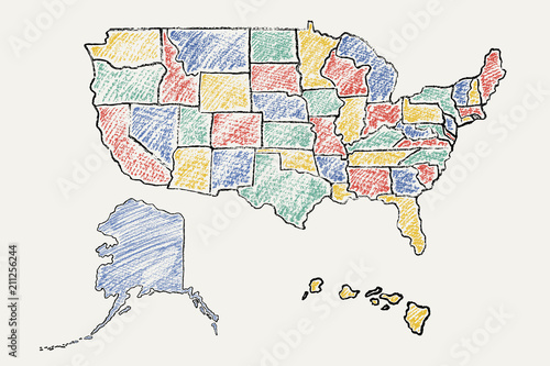 Hand drawn map of United States of America (USA) painted with color charcoal pencils. Vector illustration isolated on white background.