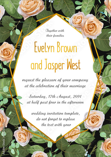 Vector floral wedding invite card design with roses with eucalyptus branches and blue wax flowers & golden geometrical frame. Elegant, tender cute anniversary template.