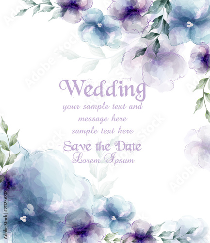Wedding card with watercolor blue flowers Vector illustrations