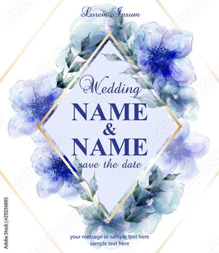 Wedding card with watercolor blue flowers Vector illustrations