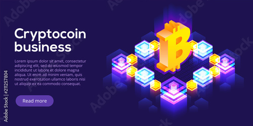 Cryptocoin mining farm layout. Cryptocurrency and blockchain network business isometric vector illustration. Crypto currency exchange or transaction process background.