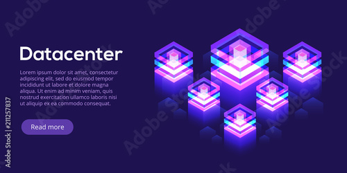 Datacenter isometric vector illustration. Abstract 3d hosting server or data center room background. Network or mainframe infrastructure website header layout. Computer storage or farming workstation.