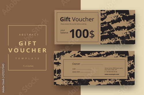 Trendy abstract gift voucher card templates. Modern discount coupon or certificate layout with artistic stroke pattern. Vector fashion bright background design with information sample text.