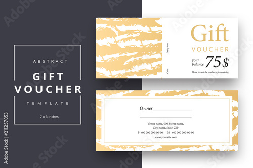 Trendy abstract gift voucher card templates. Modern discount coupon or certificate layout with artistic stroke pattern. Vector fashion bright background design with information sample text.