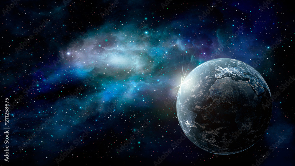 Space scene. Earth planet with blue nebula. Elements furnished by NASA. 3D rendering