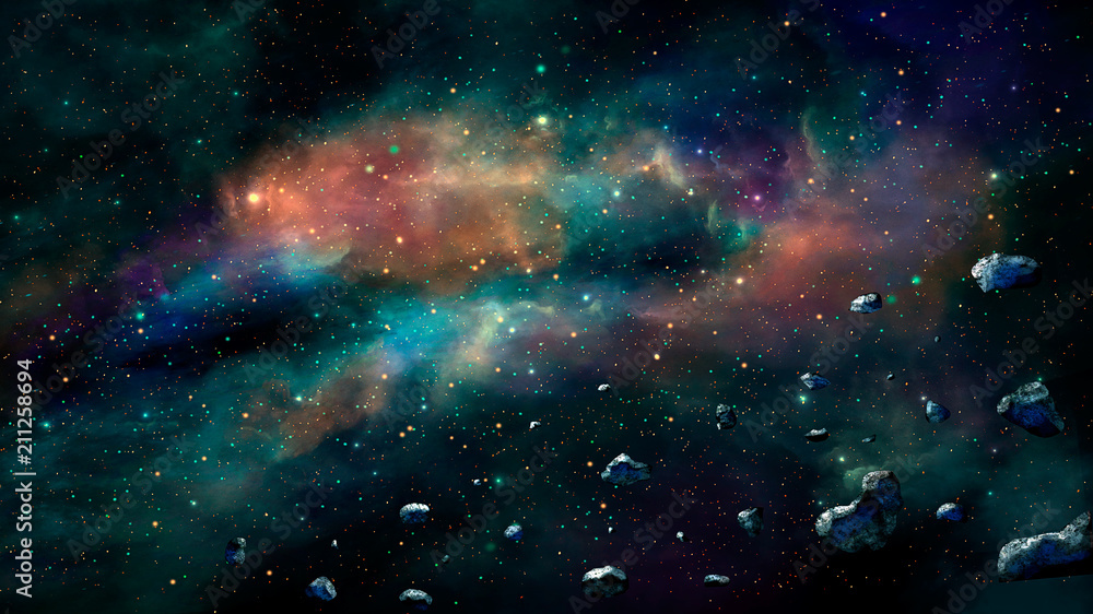 Space scene. Colorful nebula with asteroids. Elements furnished by NASA. 3D rendering