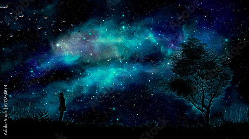Fototapeta Naklejka Na Ścianę i Meble -  Space scene. Blue nebula with small girl and land silhouette. Elements furnished by NASA. 3D rendering