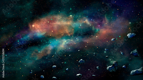 Space scene. Colorful nebula with asteroids. Elements furnished by NASA. 3D rendering