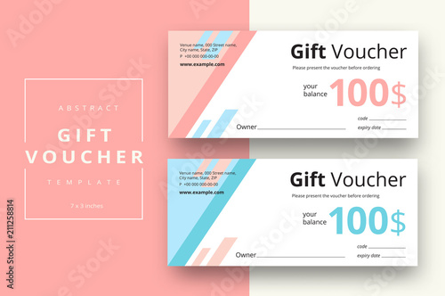 Abstract gift voucher card template. Modern discount coupon or certificate layout with geometric shape pattern. Vector fashion bright background design with information sample text.