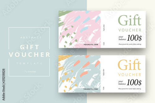 Abstract gift voucher card template. Modern discount coupon or certificate layout with geometric shape pattern. Vector fashion bright background design with information sample text.