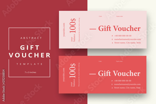 Abstract gift voucher card template. Modern discount coupon or certificate layout with geometric shape pattern. Vector fashion bright background design with information sample text.