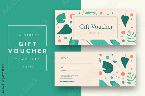 Abstract gift voucher card template. Modern discount coupon or certificate layout with geometric shape pattern. Vector fashion bright background design with information sample text.