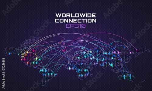 Worldwide internet social communication. Data stream trajectory, cloud computing abstract background. Global network