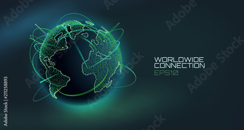 Worldwide connection abstract vector globe. Telecommunication technology line with trajectory of information data. USA to Europe stream