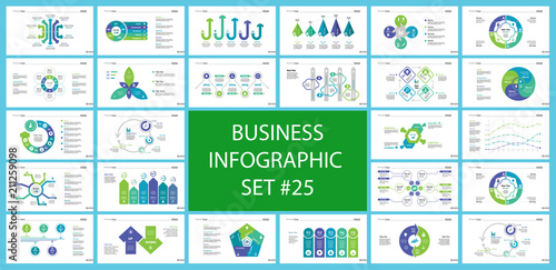 Business infographic diagram slide templates set can be used for workflow layout, annual report, web design. Marketing concept. Donut, arrow, timeline, process charts, bar graph, cycle, area diagram