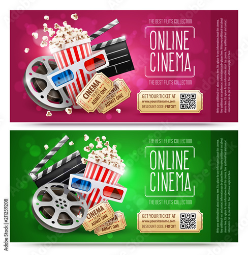 Cinema flyers, banners with gift coupons. Free gold tickets