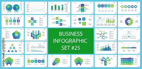 Business presentation slide template design set can be used for workflow layout, annual report, web design. Management concept. Line chart, bar graph, option chart, process chart, flowchart