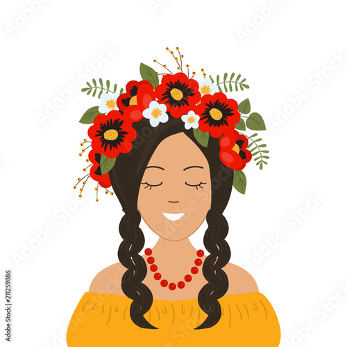 Cute smiling girl with braids in a wreath of flowers, leaves and berries. Portrait. Vector illustration on a white background.
