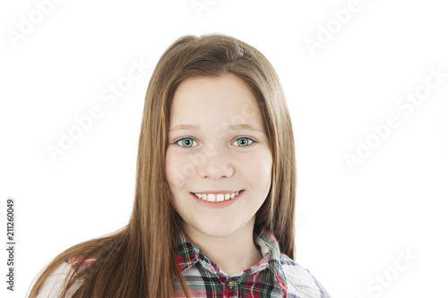 Portrait of a beautiful teenage girl with green eyes. Isolated on white background