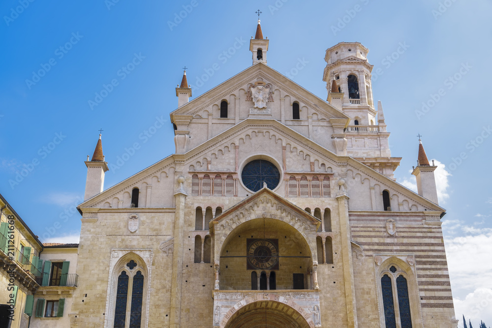 Verona, Italy Cathedral Duomo facade. Roman Catholic cathedral Santa Maria Matricolare, dedicated to the Blessed Virgin Mary.
