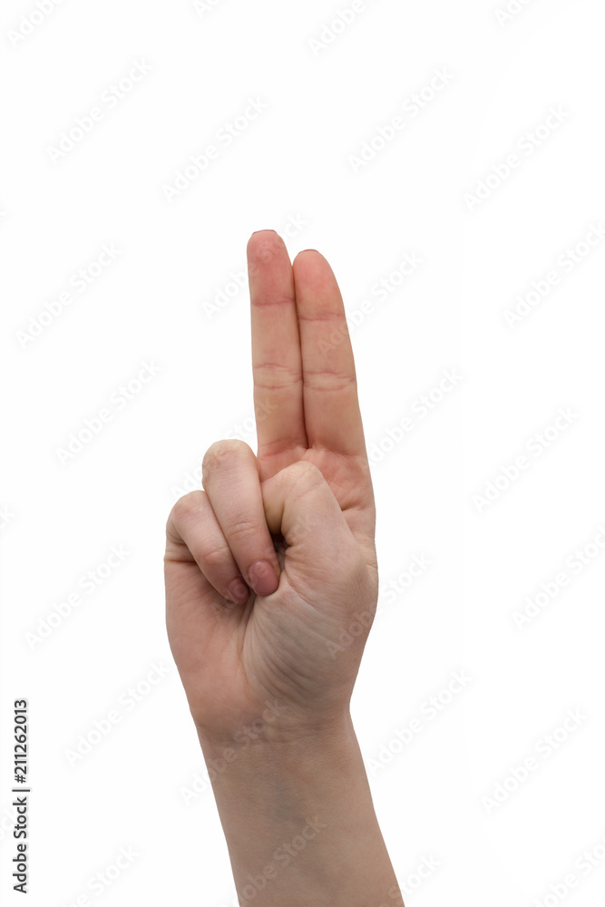 Naklejka premium Peace, two fingers up, hand in peace or victory symbol. Sign for the letter V in sign language isolated on white. Girl or woman raising two fingers up. Female hand with manicure raised two fingers