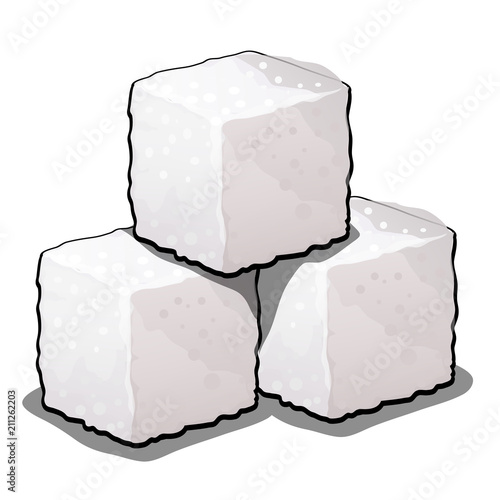 Pile of sugar cubes of refined sugar isolated on white background. Vector cartoon close-up illustration.