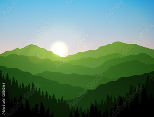 Mountains and green forest at sunrise vector illustration
