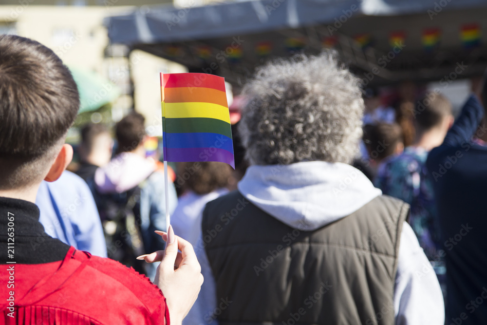 Gay parade participants with rainbow colored flag Gay parade participants with rainbow colored flag