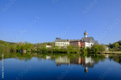 Germany, Bavaria, Upper Bavaria, Chiemgau, Rupertigau, Rupertiwinkel, Anger, View to former Hoeglwoerth Abbey and lake photo