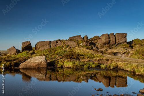 Reflections on Doxey pool with a beautiful blue sky. On the Roaches, Staffordshire in the Peak District National park.