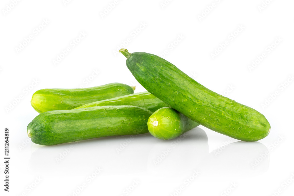 Five fresh mini cucumbers isolated on white background. Five fresh mini cucumbers isolated on white background.