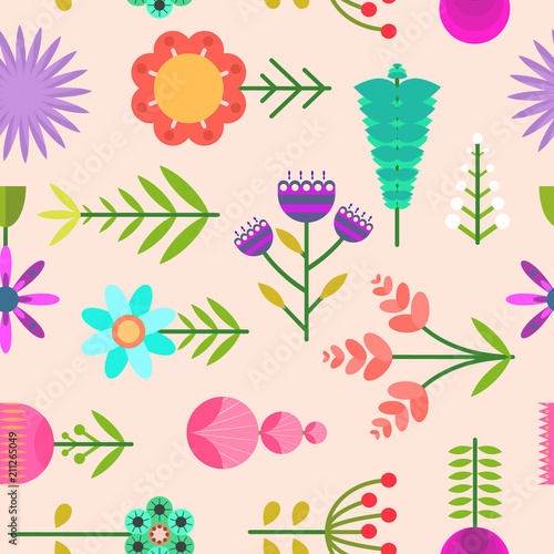 Naive seamless pattern with flat vector simple abstract flowers. Cute bright colorful doodle floral texture for textile, wrapping paper, print design, surface