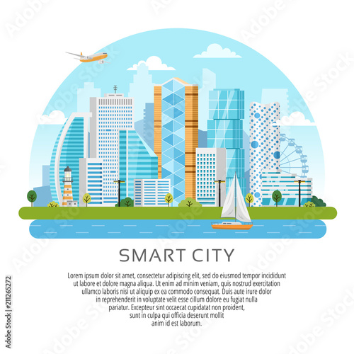 Round style smart city vector landscape with buildings, skyscrapers and river traffic