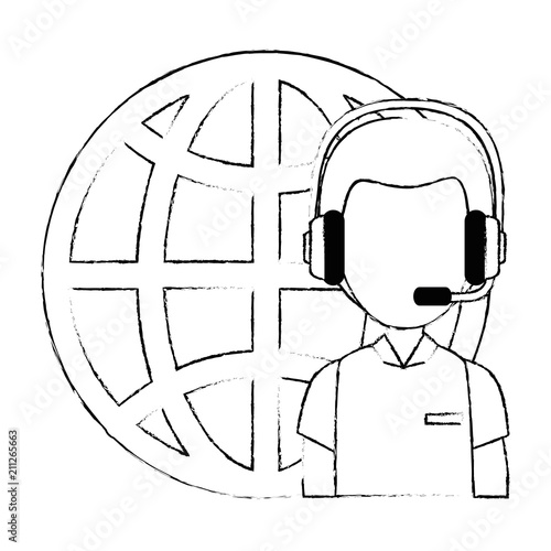 logistic worker with headset and sphere planet