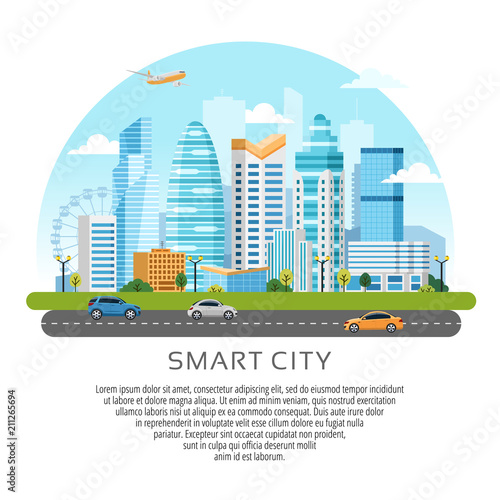 Round style urban landscape with buildings, skyscrapers and transport traffic. Vector illustration