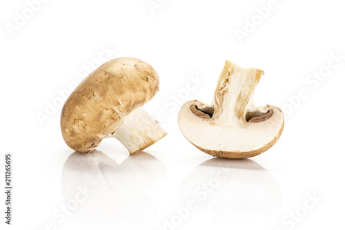One brown champignon with a sliced half isolated on white background fresh raw mushroom cross section.