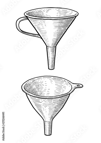 Kitchen plastic and metal funnel illustration, drawing, engraving, ink, line art, vector