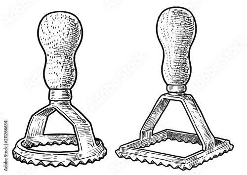 Round, square ravioli cutter illustration, drawing, engraving, ink, line art, vector