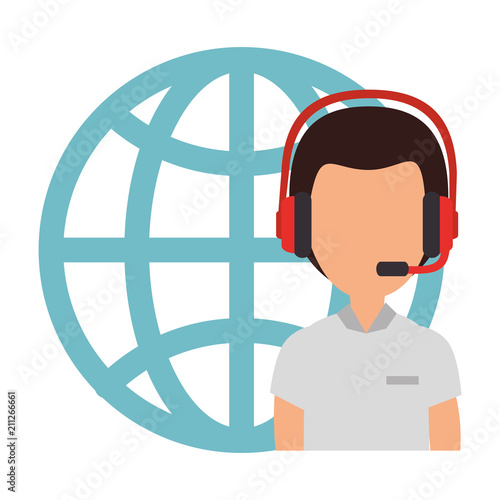 logistic worker with headset and sphere planet