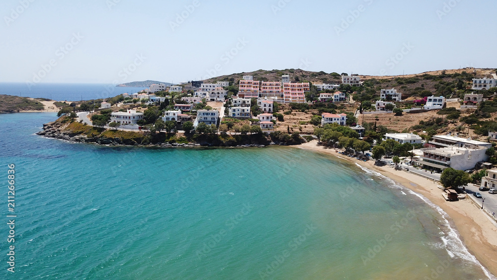 Aerial drone panoramic view of famous and picturesque town of Andros island, Cyclades, Greece