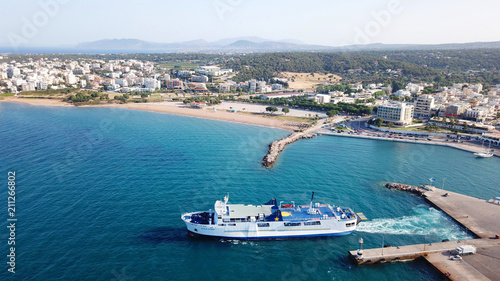 Aerial drone bird's eye view of famous port of Rafina with passenger ferries travel to Aegean islands, Attica, Greece