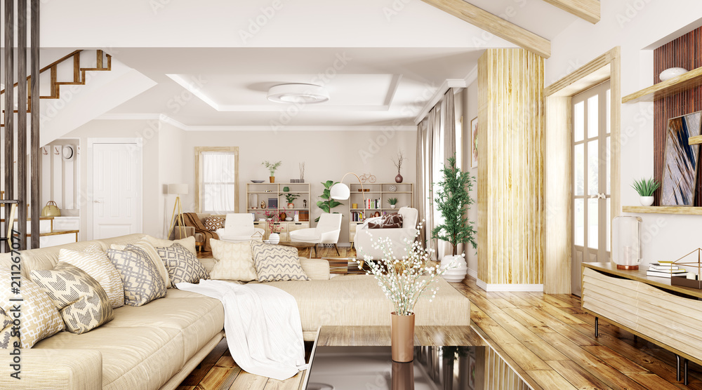 Fototapeta premium Interior of modern house 3d rendering