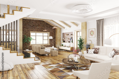 Interior of modern house 3d rendering