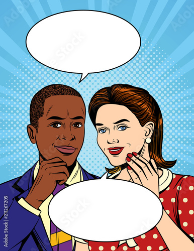 Vector colorful pop art comic style illustration of a two of collegues are speaking. Portrait of a african american man  in suit who having a dialog with european woman