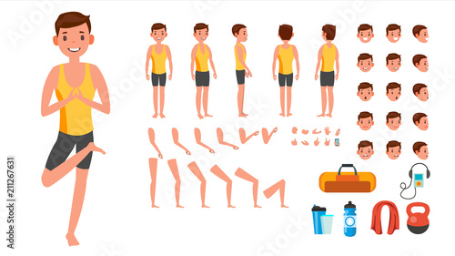 Yoga Man Vector. Prenatal Yoga Animated Character Creation Set. Man Full Length, Front, Side, Back View, Accessories, Poses, Face Emotions, Gestures. Isolated Flat Cartoon Illustration