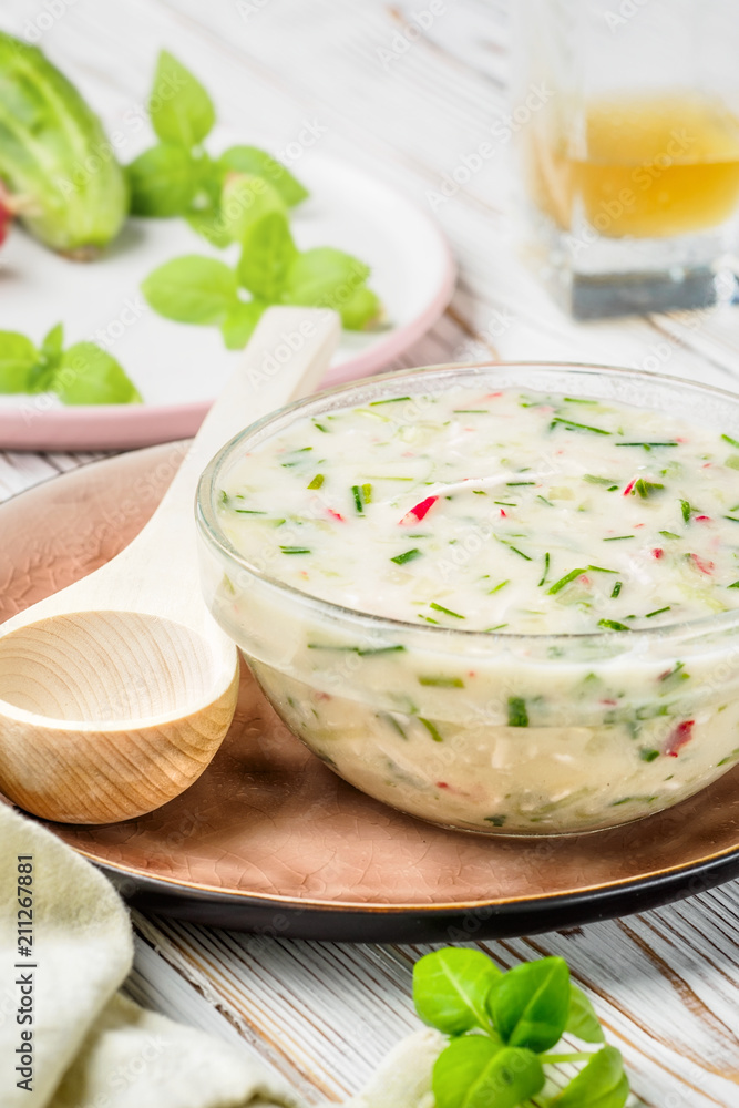 Cold summer soup of okroshka from vegetables Cold summer soup of okroshka from vegetables